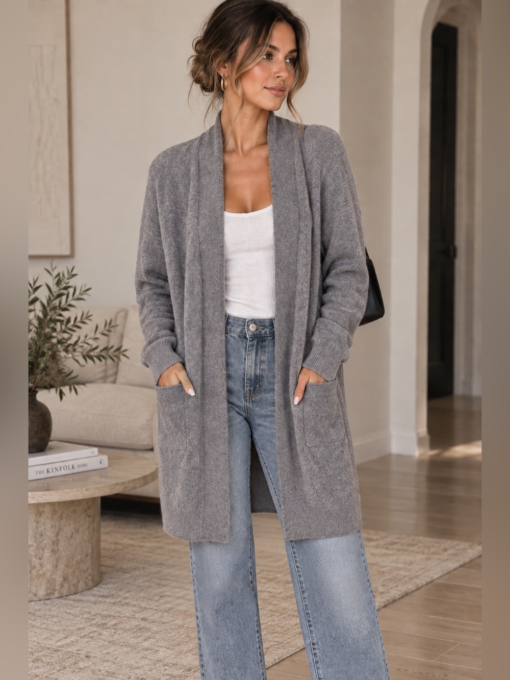 Bloomingdale’s Cashmere Duster Cardigan Gray Open Front Longline Pockets Luxe L
